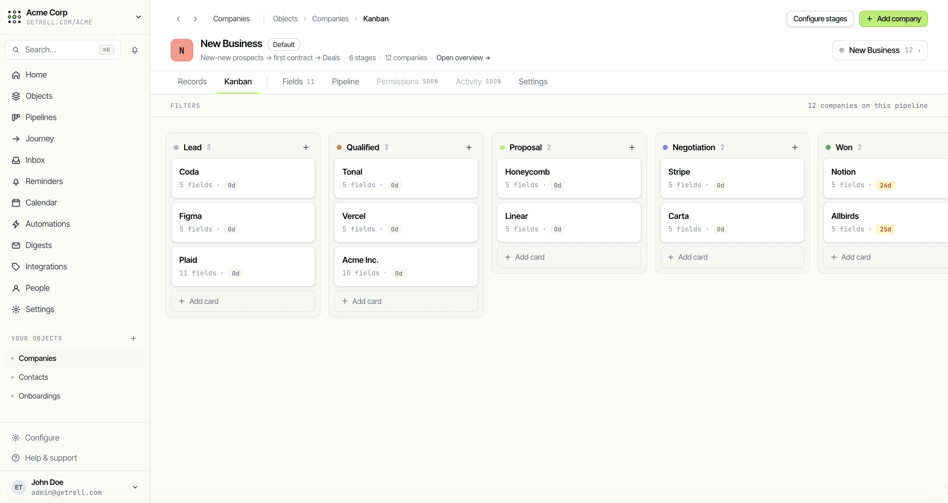 Rell kanban board — records across pipeline stages